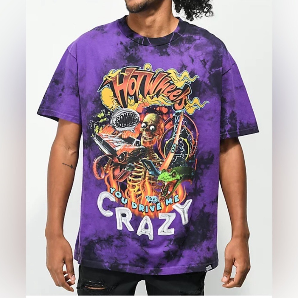 Hot Wheels Purple Tie Dye Graphic T-Shirt You Drive Me Crazy‎ Car Skeleton